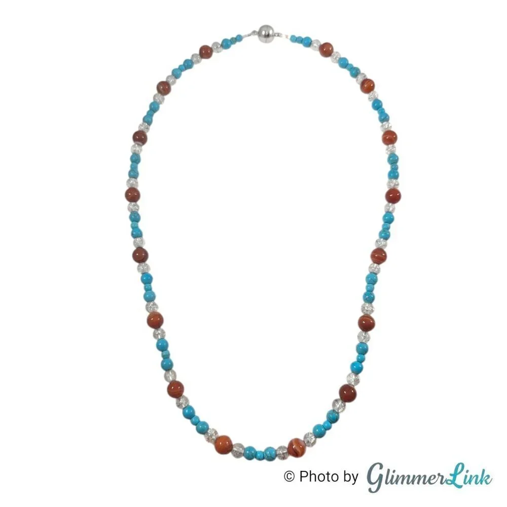 Teal Blue & Burnt Orange Gemstone Glass Beaded Silver Tone Necklace